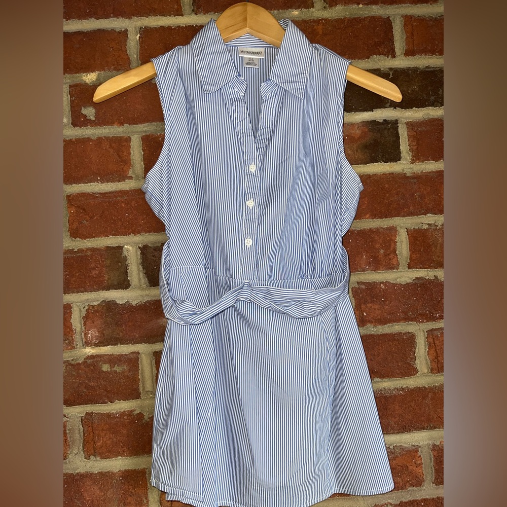 Motherhood Maternity blue and white striped sleeveless belted/ elastic waist top